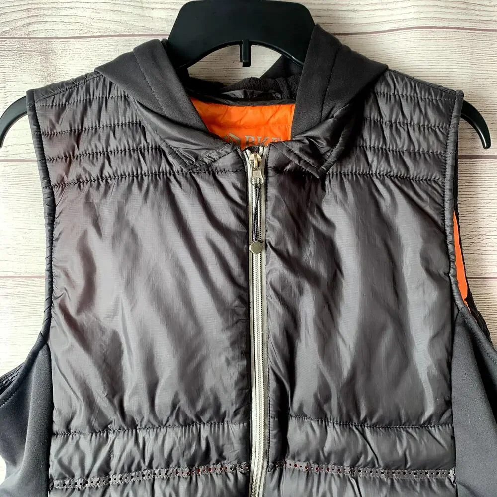 BKE Sport Black Quilted Puff Vest Zip Up Hood Orange Interior Size XL